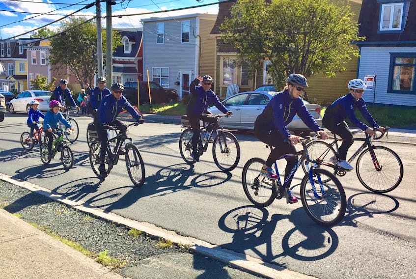 This file photo shows Royal Newfoundland Constabulary officers cycling up Parade Street during the 2018 RNC Tour the Rock event. Beginning in a few weeks, cyclists and pedestrians will have more space to use on Parade Street, as well as three other St. John’s streets, after city council voted Tuesday to change some transportation networks to improve safety and allow physical distancing during the pandemic. -TELEGRAM FILE PHOTO
