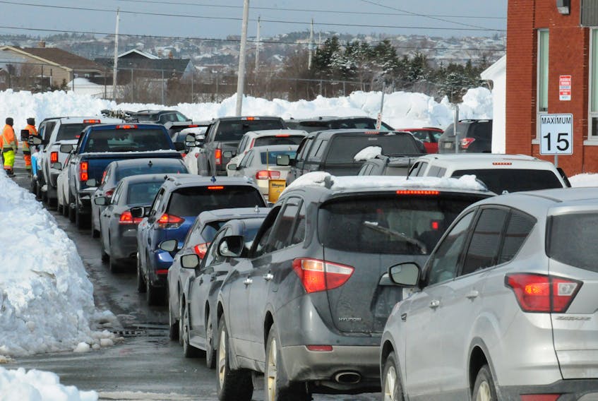 There was plenty of traffic and long lineups and delays at the Eastern Health temporary COVID-19 testing site at Mount Pearl Senior High School on Ruth Avenue in Mount Pearl on Wednesday morning. Joe Gibbons • The Telegram