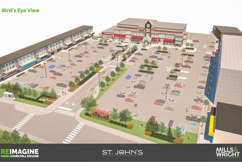 A rendering of a potential redesign for Churchill Square in St. John's was released March 11, and the city is seeking public feedback on it.