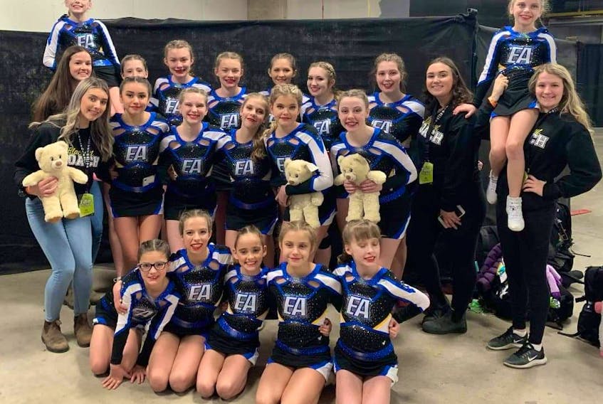 Electric Allstars team Blackout, an international junior Level 1 team from St. John’s, competed at Feel the Power in Hamilton, Ont., during the first weekend of Febraury and won their bid for the prestigious The Summit competition in May. Pictured are (back row) coach Samantha Brockerville, Stella Bishop, 10, Skylar Ward, 13, Elle Sullivan, 13, Eva Sullivan, 13, Hailey Foley-Woolridge, 15, Kate Wall, 15, Grace Coffey, 16, coach Gillian Bowering, Lucy Bishop, 9, and coach Samantha Rowe; (middle row) coach Lily Parsons, 16, Hilary Parsons, 13, Ava Bishop, 14, Merridy Hynes, 12, Sophie Whiffen, 13, and Kaila Cromley, 12; (front row) Summer Janes, 9, Cecilia Hollett, 13, Mackynlie Healey, 10, Abby Higgins, 11, and Morgan Foley, 11. Contributed photo