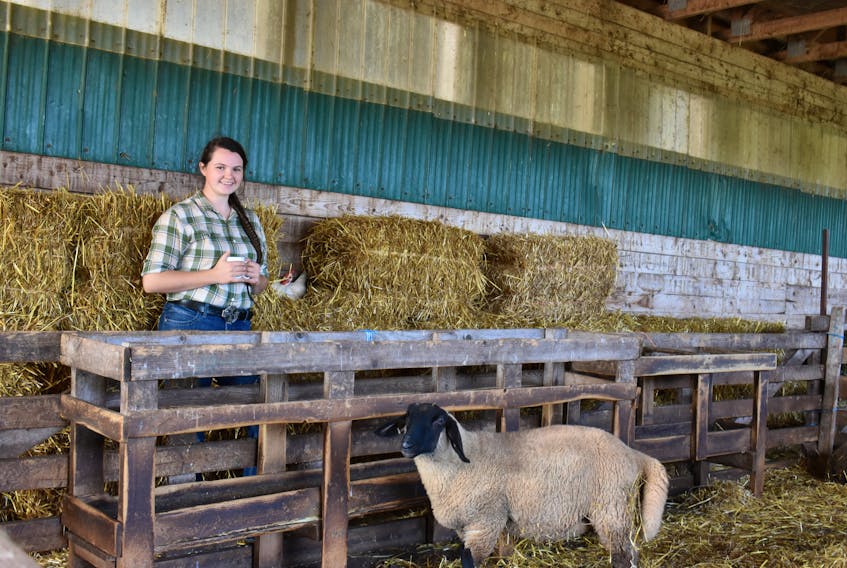 Ila Matheson takes a break from giving a tour of her family's farm to get a picture with one of the farm's many sheep.