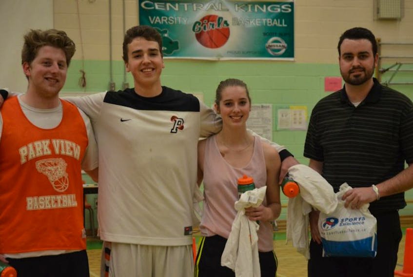 <p>Jordan Wheeler, John Ernst and Savannah George of Park View are awarded prizes from organizer Jalen Sabean after winning the shooting stars challenge at the Valley all-star basketball game.</p>