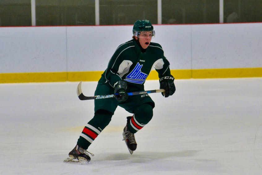 American defenceman Stephen Davis skates with the Halifax Mooseheads during a 2018 training camp practice. (FILE)