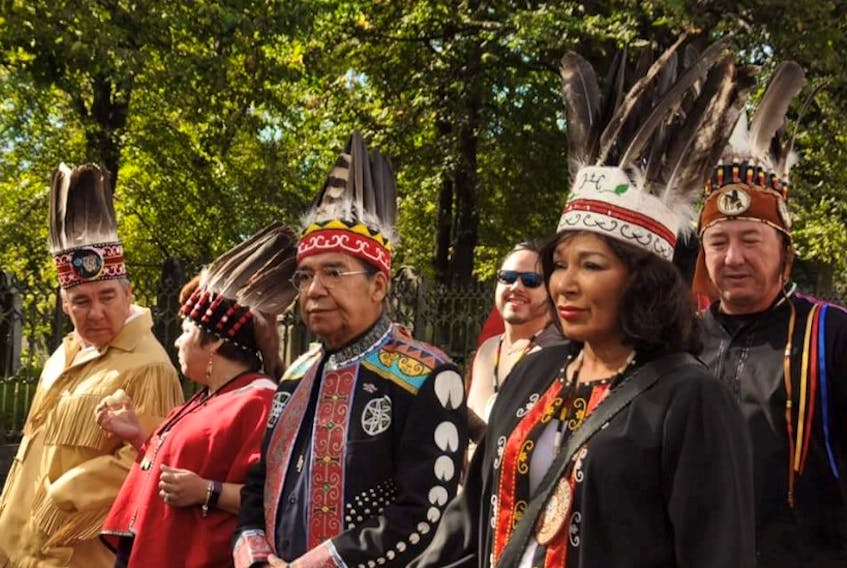 Stephen Augustine (centre) with the Mi'kmaw chiefs of Nova Scotia on Treaty Day 2018. Augustine is the first Indigenous member of the Nova Scotia Health Authority board of directors.