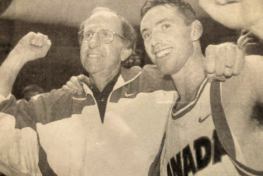 St. F.X. head coach Steve Konchalski (left) and Steve Nash – now a member of the Naismith Memorial Basketball Hall of Fame – celebrate a win over Cuba in Montevideo, Uruguay, in late August 1997, which secured the Team Canada senior men’s squad a berth in the 1998 World Championships. At that time, Konchalski was head coach of the national team. Contributed