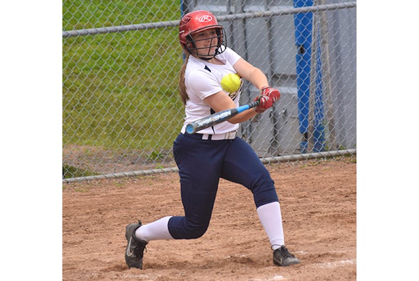 Mallory Sangster of the Stellarton U14 Stingers puts a charge into this ball, driving it down the right-field line to leg out a legit inside-the-park home run against Memramcook, N.B. on July 13 at the annual Brian Jarvis Memorial girls fastpitch tournament in Stellarton.