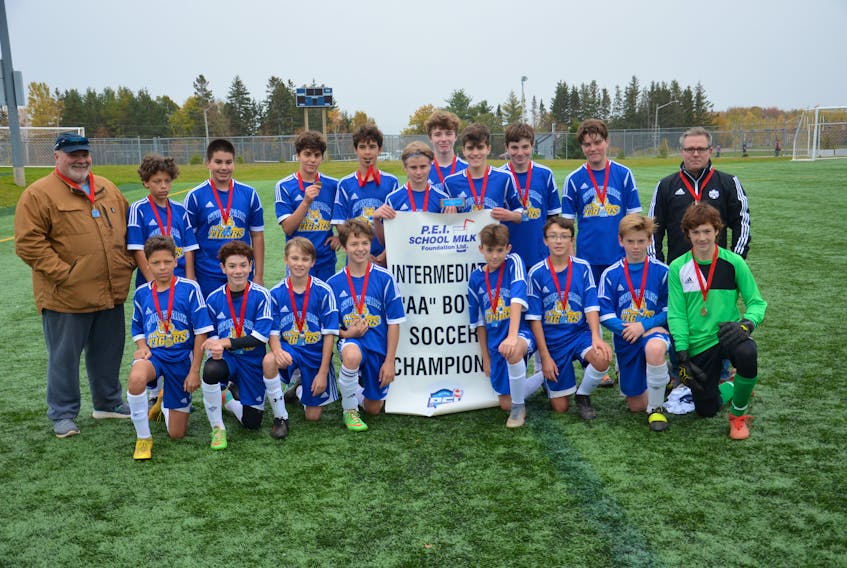 The Stonepark Tigers defeated the Hernewood Huskies 2-0 in the P.E.I. School Athletic Association Intermediate AA Boys Soccer League championship game at the Terry Fox Sports Complex Saturday in Cornwall. Members of the Tigers are, front row, from left, J'kobe Smith, Cam Davidson, Will Dunn, Mitchell Blanchard, Nathan Muttart, Nick Neitz, Andrew MacDonald and Sean Rooney. Second row, coach Lorne Acorn, Javis Smith, RJ Acorn, Ibrahim Abouassalli, Nathan Wheeler, Chase Bell, Ben Wohlgemut, Jon Fradsham, Nathan Wohlgemut, Alex Coady and coach Ian Fradsham.