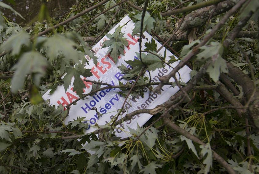 A sign for the Hawk Festival, held at the Holiday Beach Conservation Area every September can be seen under a pile of broken branches after a strong storm passed through the previous evening, Saturday, September 14, 2019.