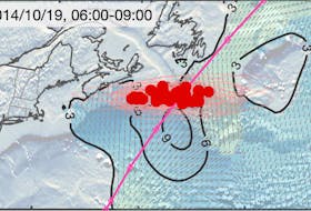 Example of a stormquake excited by hurricanes and winter storms off Newfoundland and Labrador and Nova Scotia.