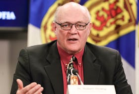 Dr. Robert Strang, Nova Scotia's chief medical officer, wears a medically themed tie at the province's COVID-19 briefing on Wednesday, April 8, 2020. - Communications Nova Scotia