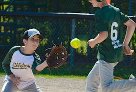 Daniel Ferguson prepares to catch the ball while covering first base on a bunt during a recent Kevin Quinn Re/Max Stratford Stealers boys’ softball team practice.