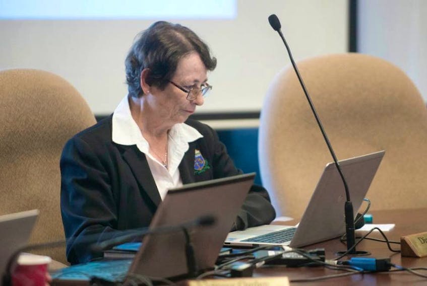 Stratford Councillor Dianne Griffin, checks her notes during the annual meeting of council Wednesday night.
