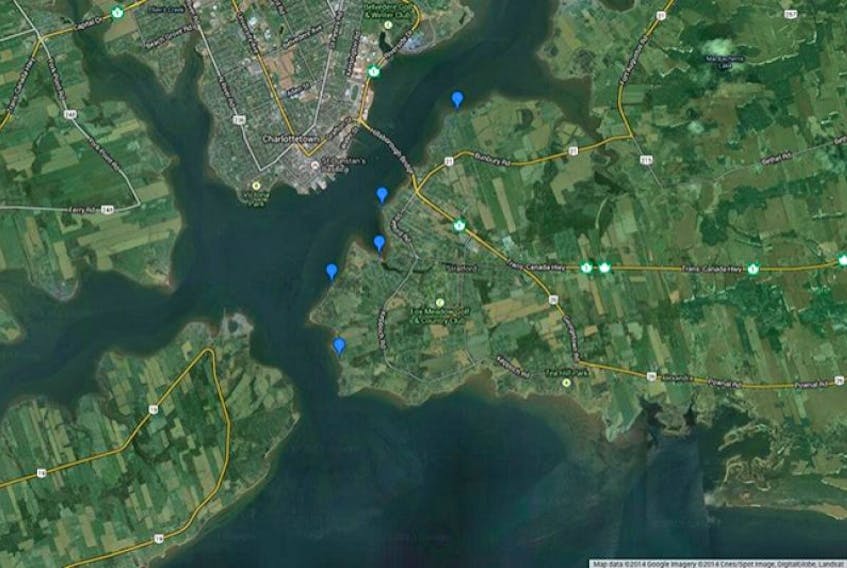 Google map showing five blue markers on public waterfront access points.