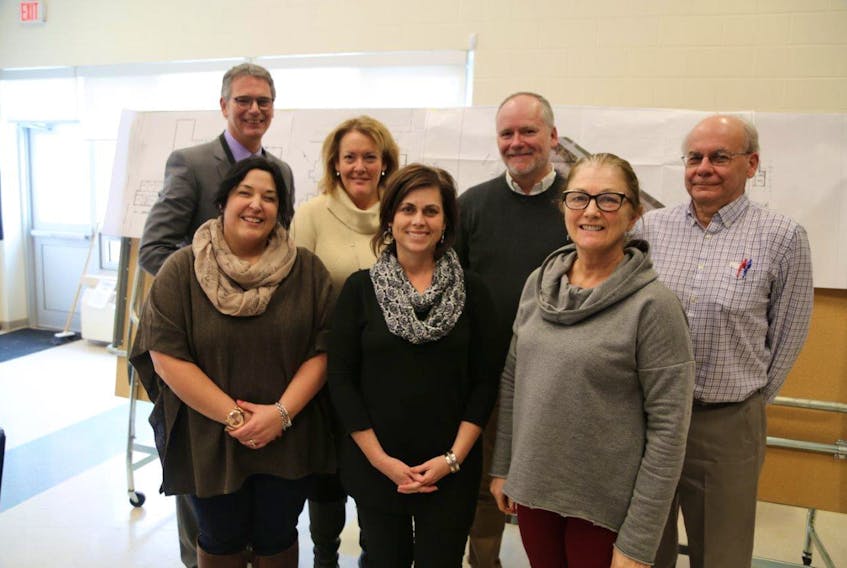 Members of the Stratford schools planning committee, front, from left, Paula Pollard, Glen Stewart parent; Natalie Fraser, Stratford Elementary parent; Stratford principal Janet Cameron; and back, from left, Parker Grimmer, Public Schools Branch; Glen Stewart principal Anne Hall; Darrin Dunsford, architect; and Foster Millar, project manager.