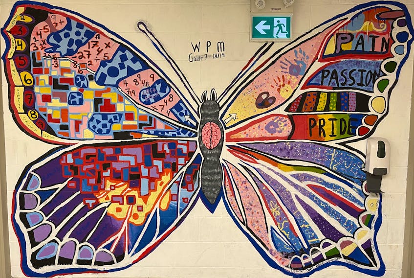 This painting on a wall at Whitney Pier Middle School is The Butterfly Project, done by students under the guidance of artist Ryan Robson with the SchoolsPlus program at the Cape Breton-Victoria Regional Centre for Education. The Butterfly Project was about creating an inclusive environment within school and the painting celebrated diversity among the students. CONTRIBUTED 