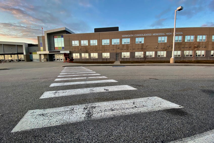 The Yarmouth Consolidated Memorial High School, which houses students in Grades 9 to 12. Things are quiet at this and all other public schools in the province. TINA COMEAU PHOTO