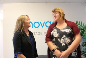 Local startup company Commlet Technologies is readying for a beta test for its student tracking technologies. Patsy Leadbeater, CEO and president of Commlet Technologies, left, is shown with Veronica Merryfield, the CTO of the company. GREG MCNEIL/CAPE BRETON POST