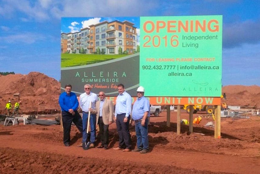 <span class="BodyText">A ground-breaking ceremony took place at the new 64-unit independent living development in Summerside. Pictured, from left, are Brent Gallant, councillor, Doug MacLean, investor, Mayor Bill Martin, Marc Gallant, CEO Alleira Living, and Fernand Gallant, builder. The building is slated to open mid-2016.</span>