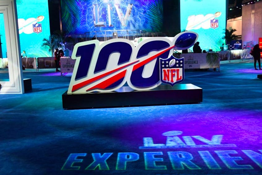 An NFL 100 display is seen during the Grand Opening of the NFL's Super Bowl Experience at the Miami Beach Convention Center in Miami, on Saturday, Jan. 25, 2020.