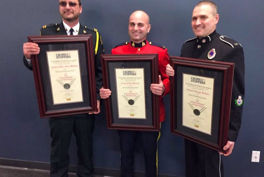 The Newfoundland and Labrador Crime Stoppers Police and Peace Officers of the Year Award winners for 2017 are (from left) fishery officer Brent Watkins, Cpl. Troy Bennett of the RCMP and Sgt. Dwight Feltham of the RNC.