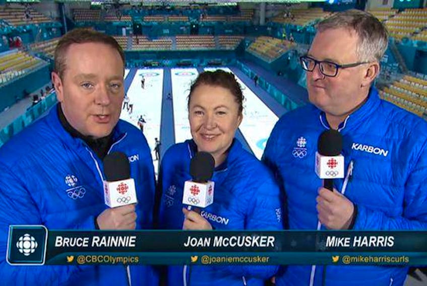 Bruce Rainnie, left, Joan McCusker and Mike Harris, discuss Team Canada's 7-4 win over Norway in men's curling in the Gangneung, South Korea, on Thursday in this screen grab from CBC’s Olympics website.