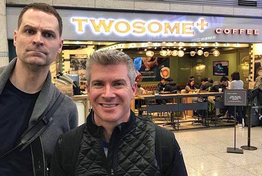 Jay Onrait (left) and Dan O’Toole mug for the camera upon arriving in Korea in this photo from Onrait's Facebook page.