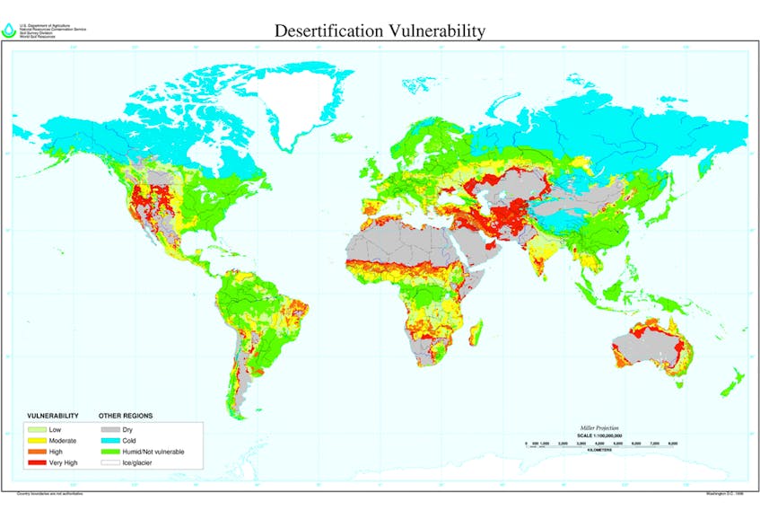 Desertification vulnerability, from a U.S. Department of Agriculture study, released in 1998.