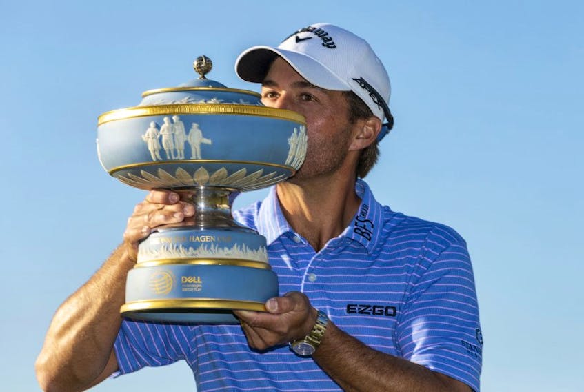 Kevin Kisner celebrates winning the final round of the WGC - Dell Technologies Match Play golf tournament at Austin Country Club.