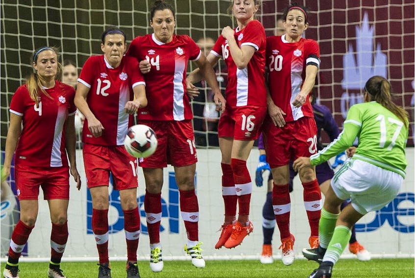 Canada's Shelina Zadorsky, Christine Sinclair, Melissa Tancredi, Janine Beckie and form a wall to block a free kick from a Mexican player. - Gerry Kahrmann / Postmedia