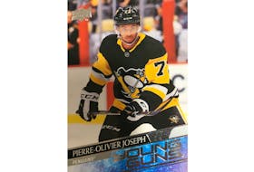 Former Charlottetown Islanders defenceman Pierre-Olivier (P.O.) Joseph has a rookie card in Upper Deck this year. He is wearing the Pittsburgh Penguins' jersey No. 73 - a number he chose to honour his former Islanders teammate, goalie Matt Welsh - in the photo.