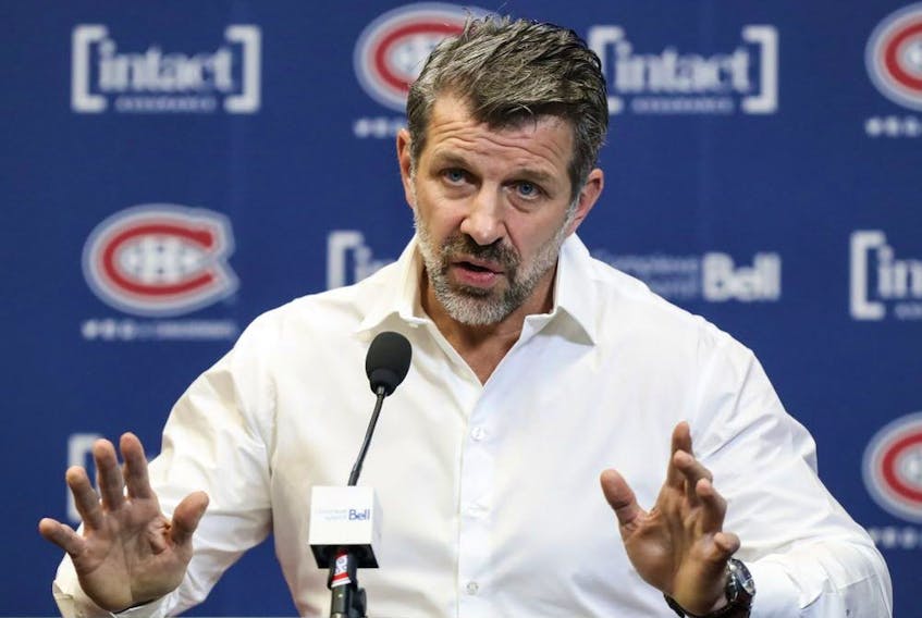 “We’re not happy (with missing the NHL playoffs), but we know we’re heading in the right direction,” Canadiens general manager Marc Bergevin said during the team’s end-of-season news conference. JOHN MAHONEY/MONTREAL GAZETTE