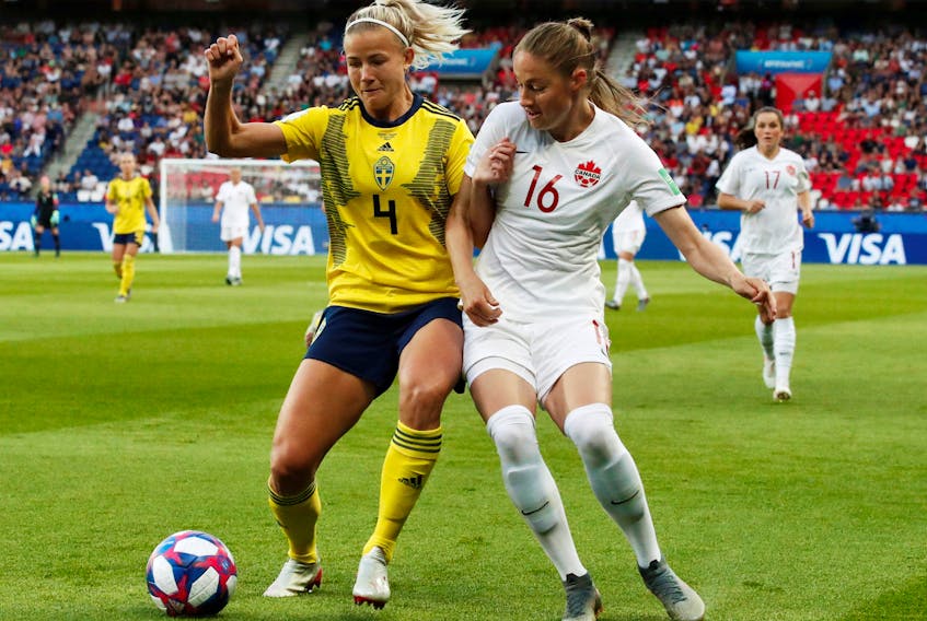 Women's World Cup - Round of 16 - Sweden v Canada - Parc des Princes, Paris, France - June 24, 2019. Sweden's Hanna Glas in action with Canada's Janine Beckie.