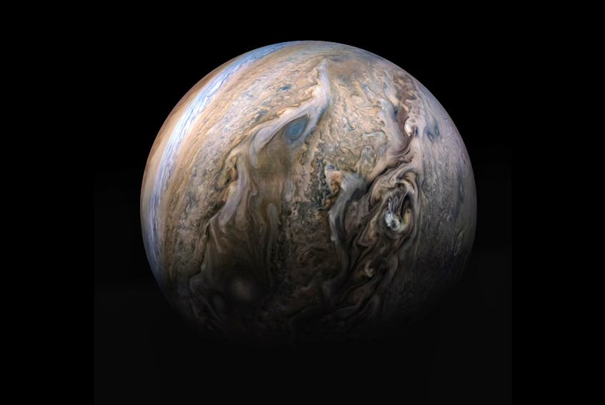 This compilation image of Jupiter's stormy northern hemisphere was captured by NASA's Juno spacecraft in four images as it performed a close pass of the gas giant planet. — NASA/JPL-Caltech/SwRI/MSSS/Kevin M. Gill