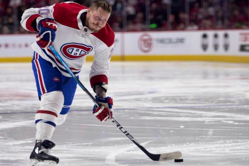 Montreal Canadiens’ Nicolas Deslauriers lets fire during skills competition at Bell Centre in Montreal on Jan. 20, 2019.