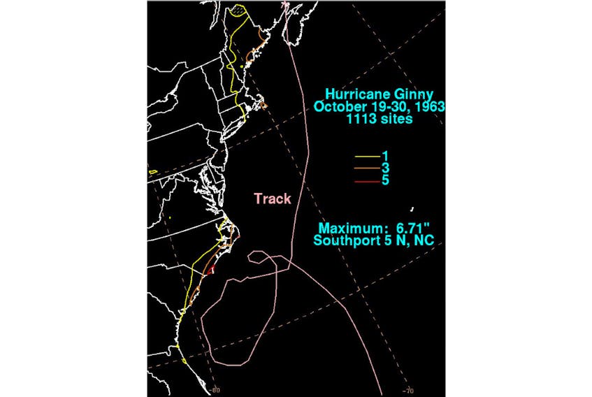 Hurricane Ginny came ashore near Yarmouth Nova Scotia on October 29th 1963.  At landfall, maximum sustained winds were 175 km/h; to this day, the strongest of any storm in Canada.