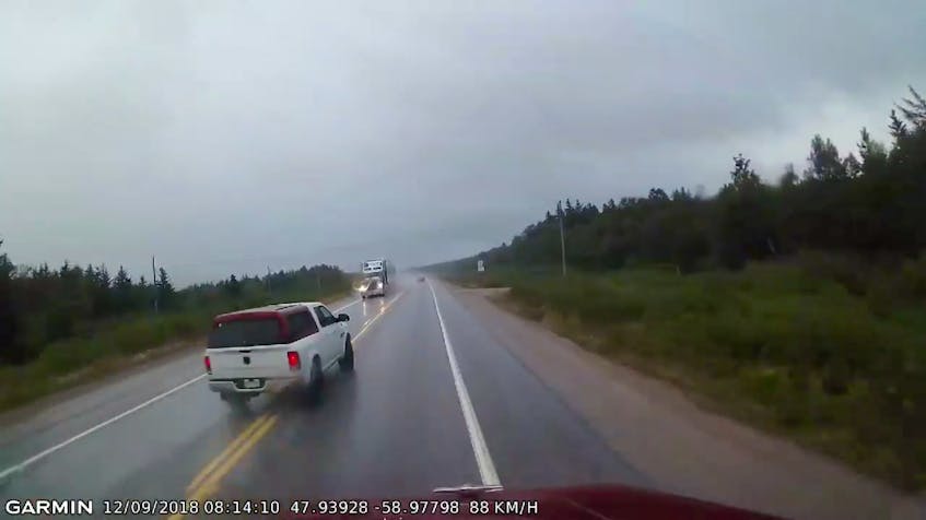 A dashcam video posted by David Knee in September shows a near-miss between a truck and a transport truck near Coal Brook on Newfoundland's west coast.