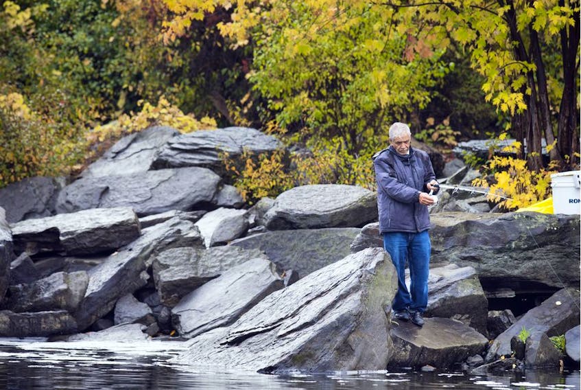 A man spends his drizzly morning fishing at the bottom of Hog's Back Falls Sunday October 16, 2016. - Ashley Fraser/Postmedia