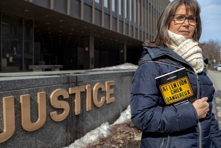 Lise Vadnais, the sister of of a Montreal woman who was mauled to death by a dog in her own backyard in 2016, has written a book about her experiences. Vadnais, at the Palais de Justice in Montreal on Thursday March 21, 2019, chronicles not only the trauma of her sister's horrific death, but also how her own research on dangerous dogs and advocacy has made her a target of a powerful pro-pitbull lobby. Dave Sidaway / Montreal Gazette
