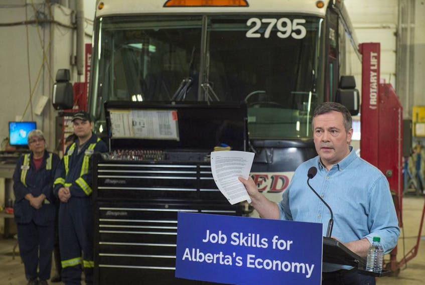 United Conservative Leader Jason Kenney provide details on the UCP plan to advance skills training on March 26, 2019, at the Diversified Transportation repair garage.