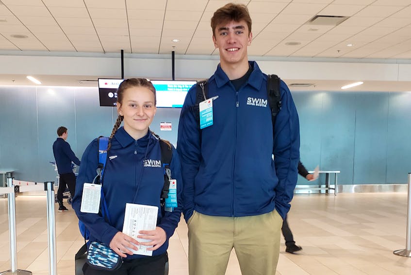 Madison Bond and Dean Sangster will compete in the Mel Zajac Jr. International swim meet in Vancouver this weekend. Here, the Truro Centurion teammates are shown at the Halifax Stanfield International Airport.