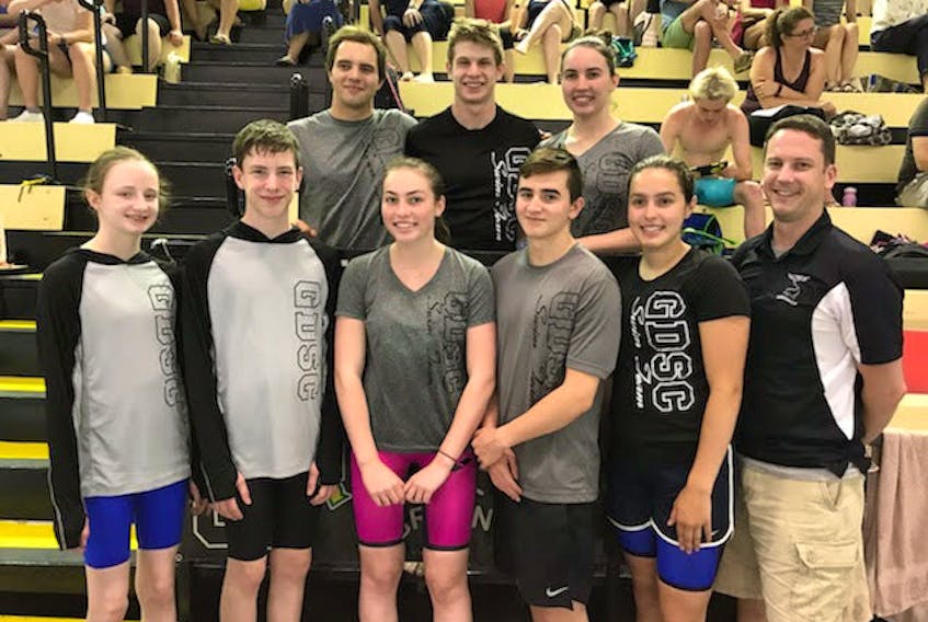 The Greenwood Dolphins Swim Club recently competed at the 2019 Swim Nova Scotia Ken Dunn Provincial Championships.
Front row, Kaleigh Whitelaw, Brandon Puttick, Callie Dowell, Josh Wootten, Grace Smith and head coach Chris Stone. In back, Oliver Cadrain, Logan Way and Bailey Dowell.