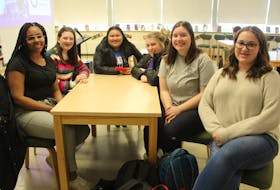 The students who organized the 2020 International Women's Day event at Sydney Academy hope they can educate their peers about issues surrounding gender inequality, the plight of women's rights globally and subtle sexism. From left front, Jaiden Kariuki, Lara Dalton, Jada Paul, Monica Conohan, Brigid Milburn and Mya Trinn. NICOLE SULLIVAN/CAPE BRETON POST 