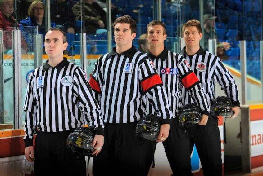 TJ Courtney, left, was a linesman at the world under-17 hockey challenge earlier this year in Cape Breton, N.S. The Cornwall resident recently won his second straight Kenneth R. Stiles-Seaman Hotchkiss officiating scholarship from Hockey Canada. It's a $4,000 prize aimed at helping officials in the national organization's officiating program pay for post-secondary education at Canadian colleges and universities. <br />&nbsp;