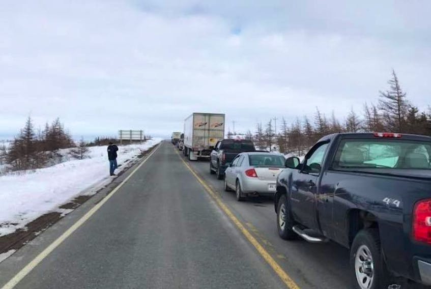 This lineup of cars was stopped on the Burin Peninsula Highway around 5 p.m. on Wednesday.