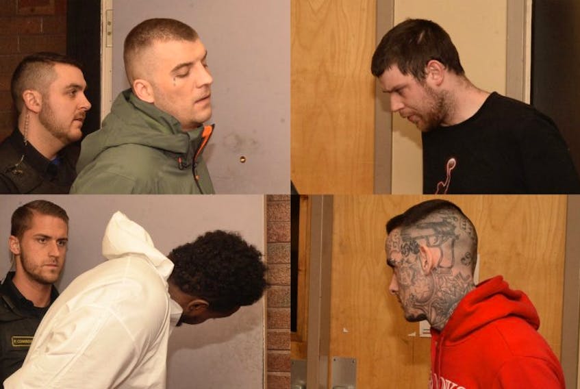 (Clockwise from top left) Gary Hennessey, 32, Abdifatah Mohamed, 27, Tyler Donahue, 23, and Mitchell Nippard, 25, all face a slew of charges in connection with home invasions in the St. John's metro area.