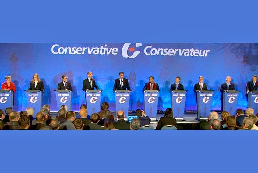 Conservative Party leadership candidates butted heads Dec. 6 in Moncton, N.B. Shown during the Nov. 9 debate in Saskatoon are, from left: Kellie Leitch, Lisa Raitt, Dan Lindsay, Steven Blaney, Andrew Scheer, Deepak Obhrai, Michael Chong, Andrew Saxton, Erin OâToole, and Maxime Bernier. Chris Alexander and Brad Trost are not pictured.