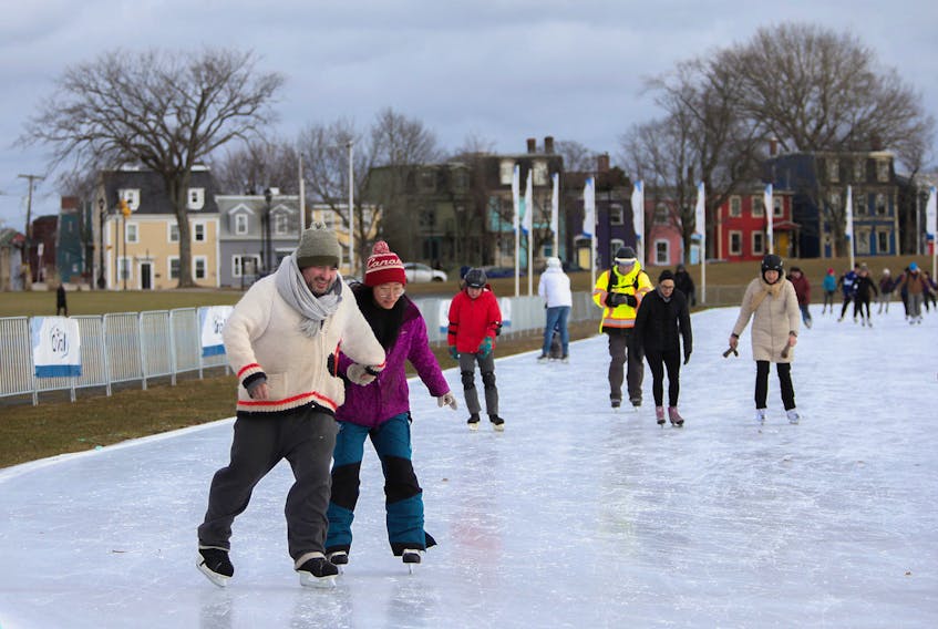 Skaters take part in the noon hour skate at the Halifax Oval on Monday, Jan. 18, 2021. The oval is as popular as ever, with one-hour, pre-booked sessions quickly filling up to the maximum 130 allowable skaters.