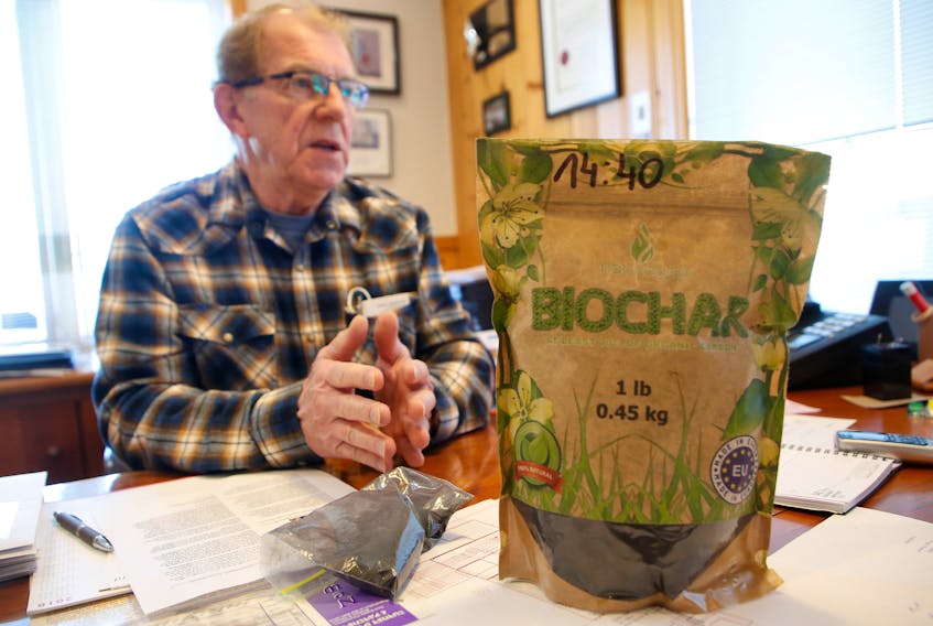FOR CAMPBELL STORY:
Robin Wilber, owner of Elmsdale Lumber is during an interview in his office next to bag of BIOCHAR, produced by a Polish firm,  in Elmsdale Thursday January 21, 2021. He proposes to build on-site at the lumber business a biochar plant that will steam bake softwood lumber chips to create a product called biochar, a black-grey powdery, carbon sucking spongy product that can be used for agricultural fertilizer....SEE FANK STORY FOR MORE DETAILS.

Tim Krochak Photo