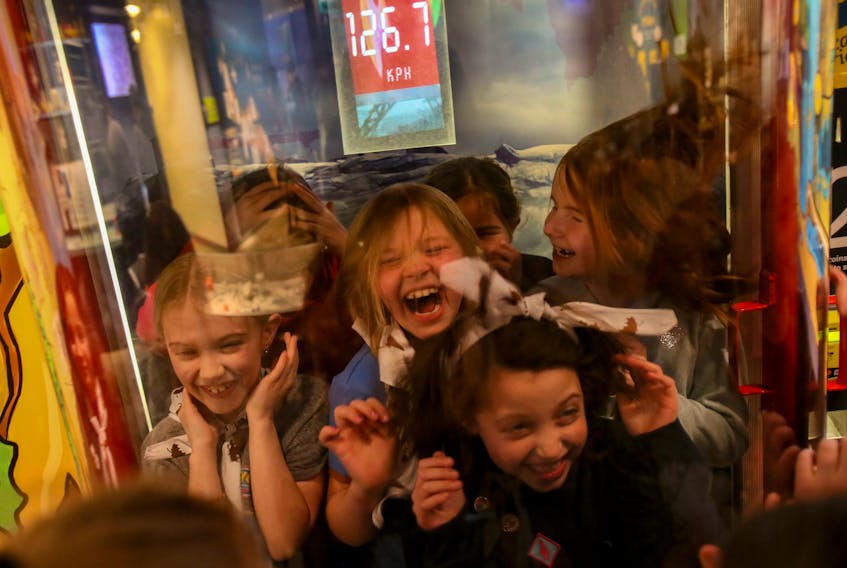 Members of the Halifax South Brownie group, react to the high winds in the hurricane experience capsule in the Ocean Gallery on Wednesdays, free night at the Discovery Centre in Halifax Wednesday February 5, 2020.

TIM KROCHAK/ The Chronicle Herald