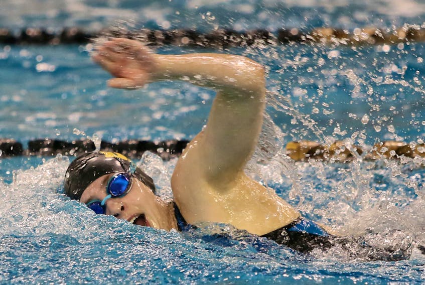 Dalhousie Tigers' Isabel Sarty races to victory in the 200-metre women's freestyle final at the AUS swimming championships at Dalhousie on  Friday night. Earlier in the day, Sarty was named the AUS women's swimmer of the year. TIM KROCHAK/ The Chronicle Herald
